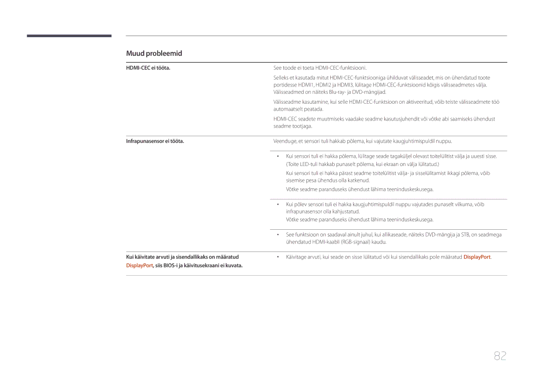 Samsung LH55UDEBLBB/EN manual HDMI-CEC ei tööta, See toode ei toeta HDMI-CEC-funktsiooni, Infrapunasensor ei tööta 