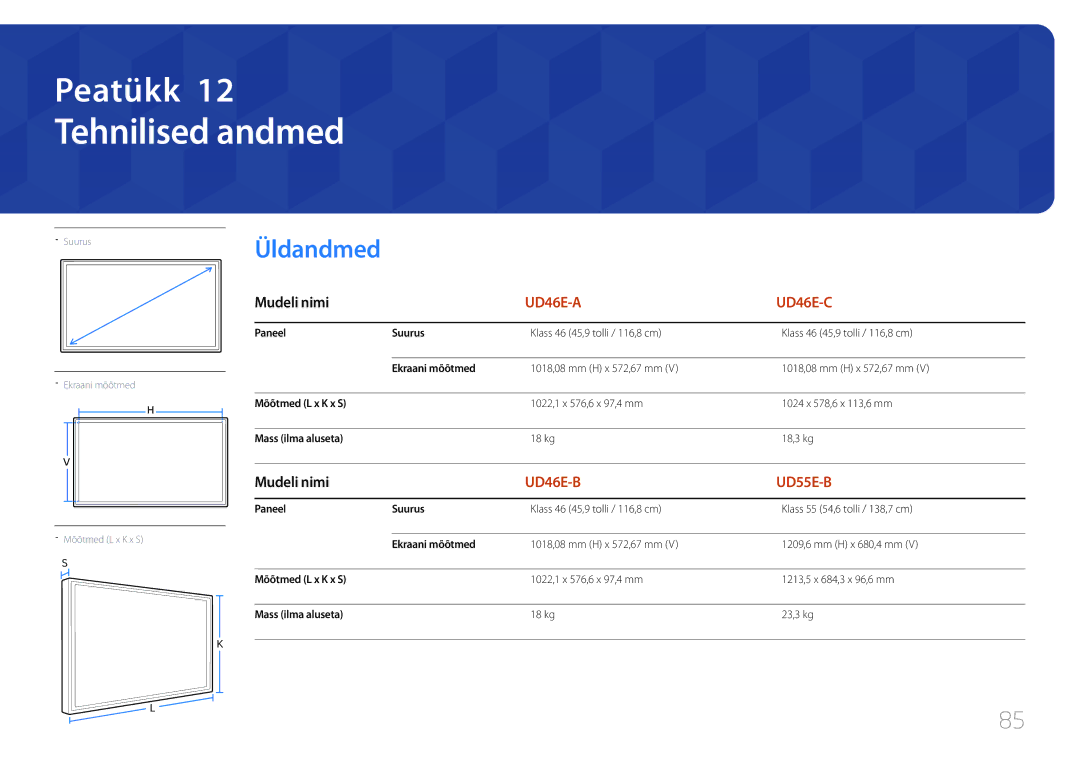 Samsung LH46UDEBLBB/EN, LH55UDEHLBB/EN, LH55UDEBLBB/EN, LH46UDEHLBB/EN, LH46UDECLBB/EN manual Tehnilised andmed, Üldandmed 