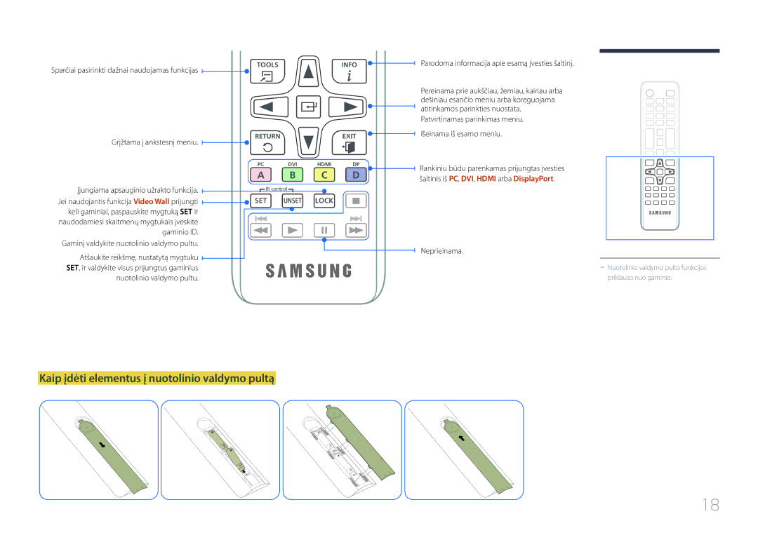 Samsung LH46UDEHLBB/EN Kaip įdėti elementus į nuotolinio valdymo pultą, Sparčiai pasirinkti dažnai naudojamas funkcijas 