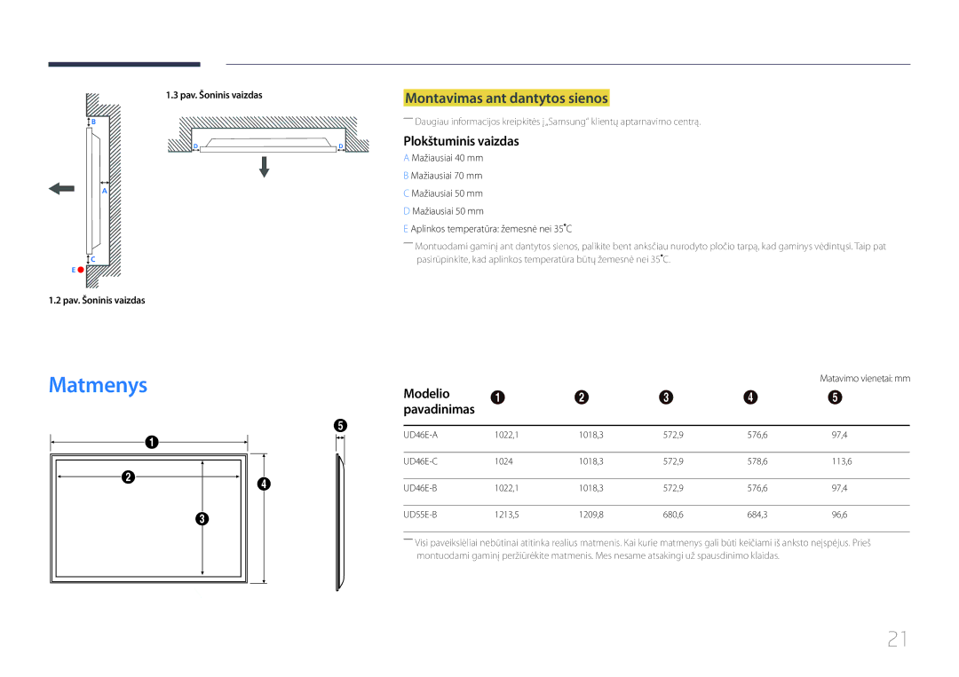 Samsung LH55UDEHLBB/EN manual Matmenys, Montavimas ant dantytos sienos, Plokštuminis vaizdas, Modelio, Matavimo vienetai mm 