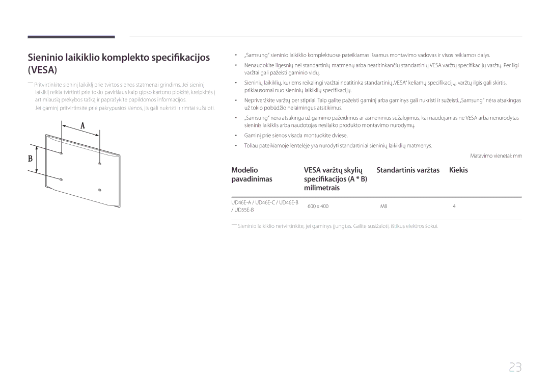 Samsung LH46UDEHLBB/EN manual Sieninio laikiklio komplekto specifikacijos Vesa, Modelio Vesa varžtų skylių, Pavadinimas 