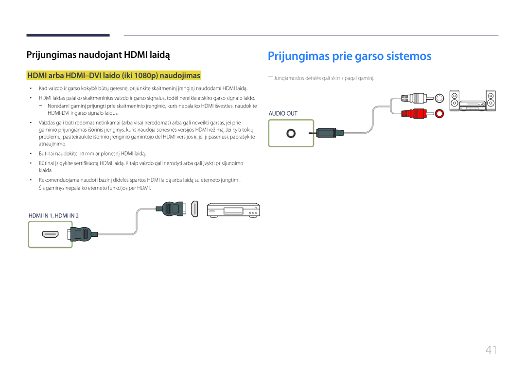 Samsung LH55UDEHLBB/EN, LH46UDEBLBB/EN manual Prijungimas prie garso sistemos, Hdmi arba HDMI-DVI laido iki 1080p naudojimas 