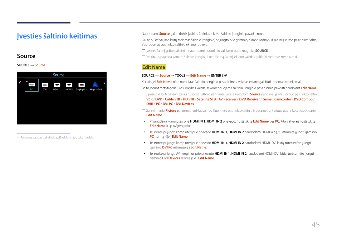 Samsung LH46UDEBLBB/EN, LH55UDEHLBB/EN, LH55UDEBLBB/EN manual Įvesties šaltinio keitimas, Edit Name, Source → Source 