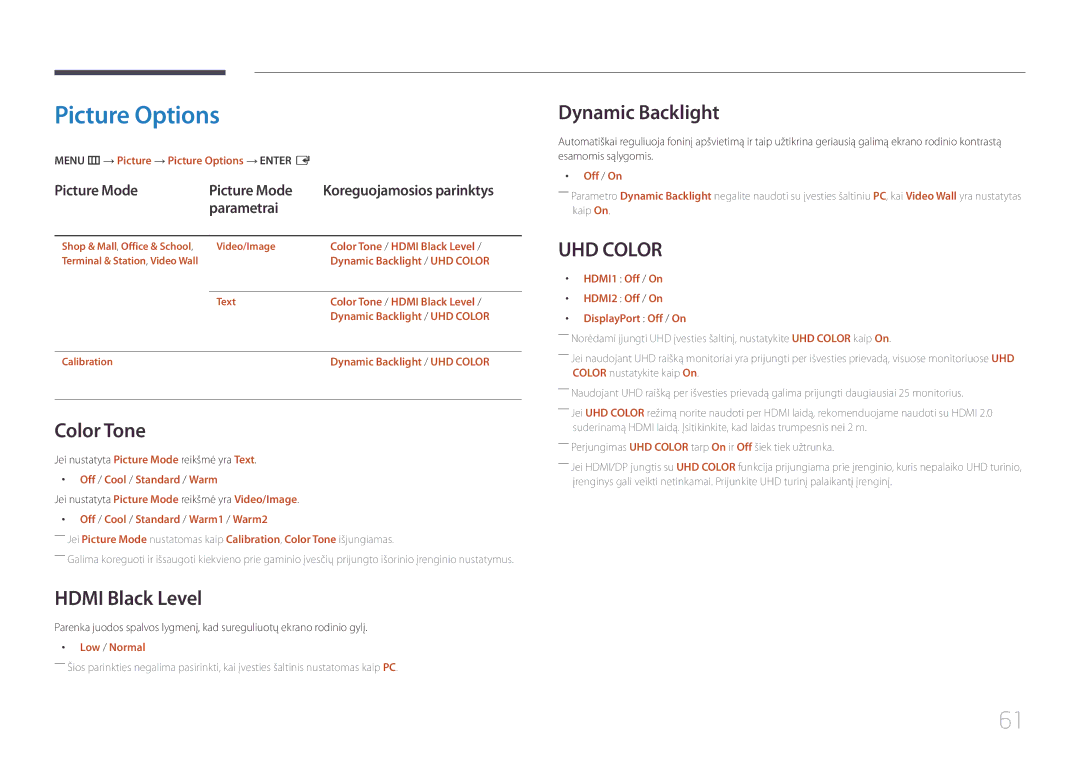 Samsung LH55UDEHLBB/EN, LH46UDEBLBB/EN manual Picture Options, Color Tone, Hdmi Black Level, Dynamic Backlight, Picture Mode 