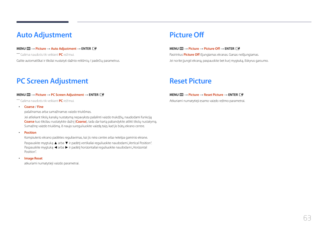 Samsung LH46UDEHLBB/EN, LH46UDEBLBB/EN, LH55UDEHLBB/EN Auto Adjustment, Picture Off, PC Screen Adjustment Reset Picture 