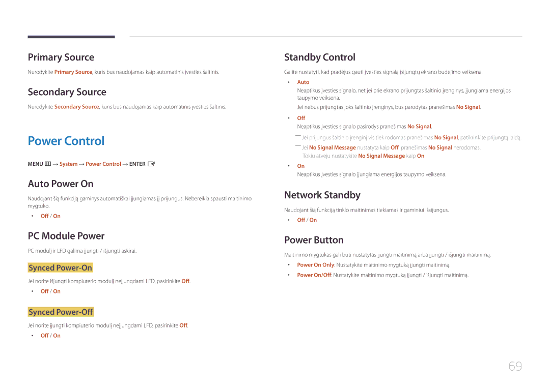 Samsung LH46UDECLBB/EN, LH46UDEBLBB/EN, LH55UDEHLBB/EN, LH55UDEBLBB/EN, LH46UDEHLBB/EN manual Power Control 