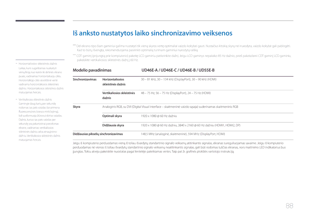 Samsung LH46UDEHLBB/EN, LH46UDEBLBB/EN, LH55UDEHLBB/EN, LH55UDEBLBB/EN Iš anksto nustatytos laiko sinchronizavimo veiksenos 