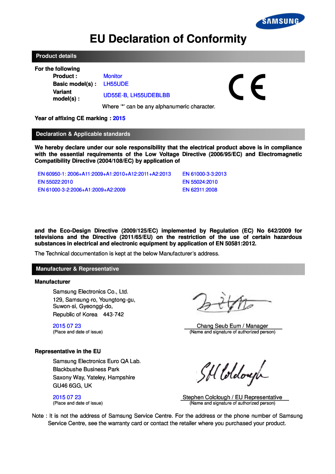 Samsung LH55UDEHLBB/EN manual EU Declaration of Conformity, Product details, Monitor, UD55E-B, LH55UDEBLBB, 2015 07 