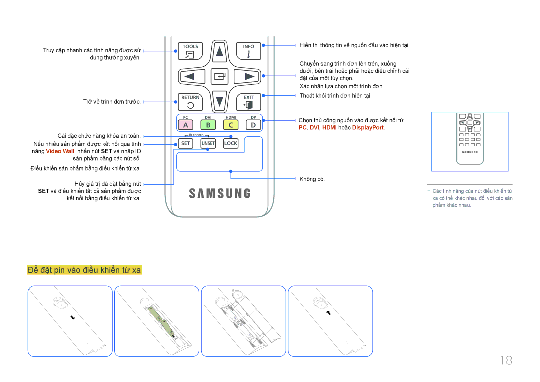 Samsung LH55UDEBLBB/XV, LH46UDEBLBB/XV, LH46UDECLBB/XY manual Để̉ đặ̣t pin và̀o điề̀u khiể̉n từ̀ xa, Dụng thườ̀ng xuyên 