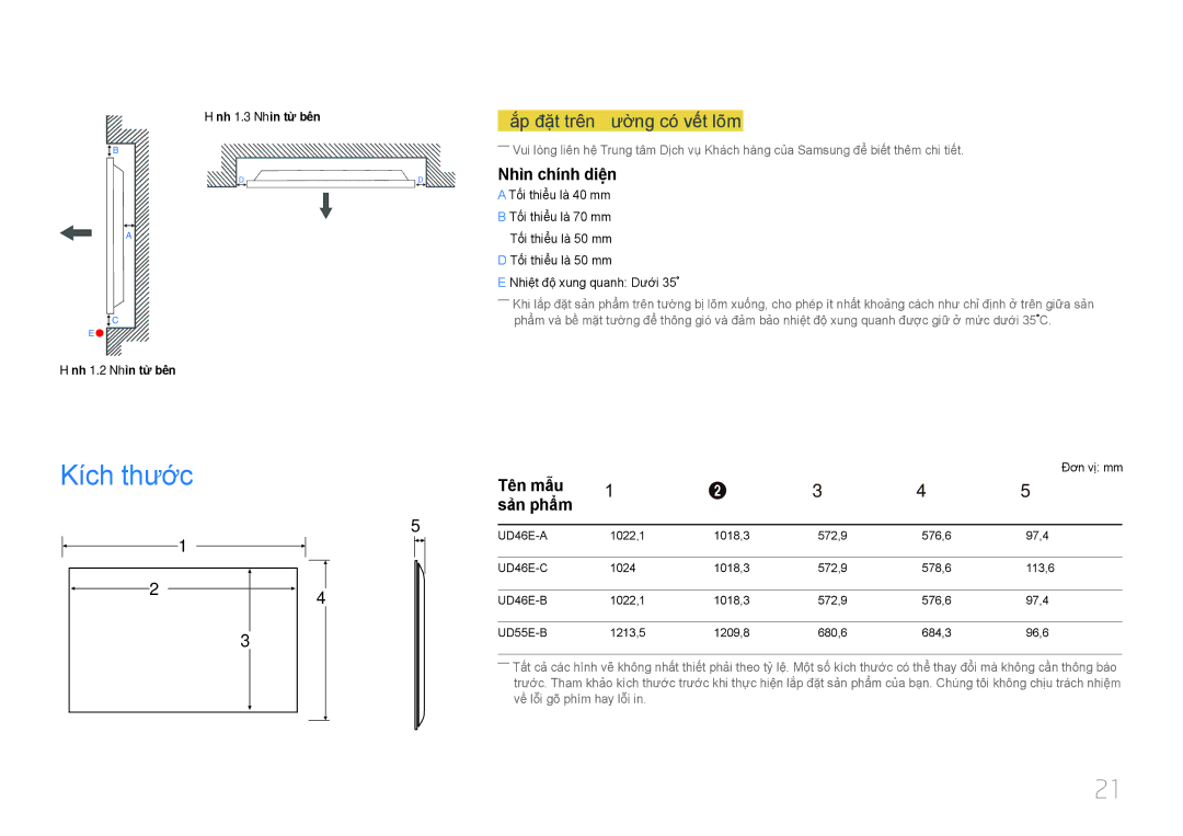 Samsung LH55UDEBLBB/XY manual Kích thươc, Lắ́p đặ̣t trên Tườ̀ng có́ vế́t lõm, Nhìn chính diện, Tên mẫu Sản phẩm 