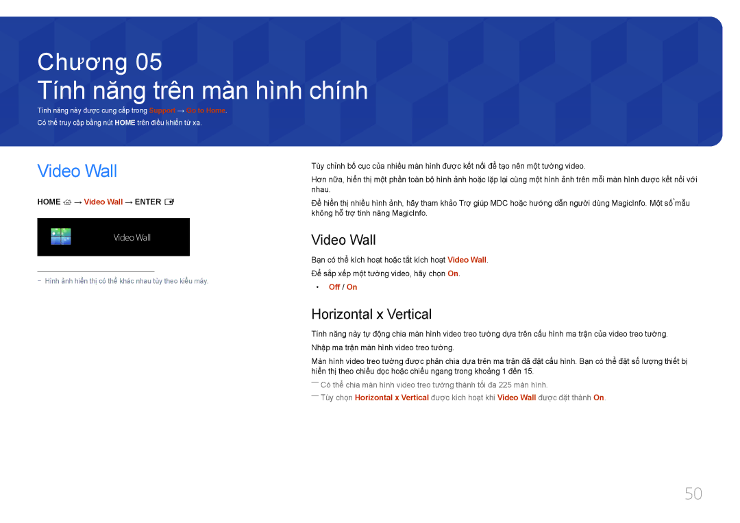 Samsung LH46UDEBLBB/XY, LH46UDEBLBB/XV manual Tí́nh năng trên mà̀n hì̀nh chí́nh, Video Wall, Horizontal x Vertical, Off / On 