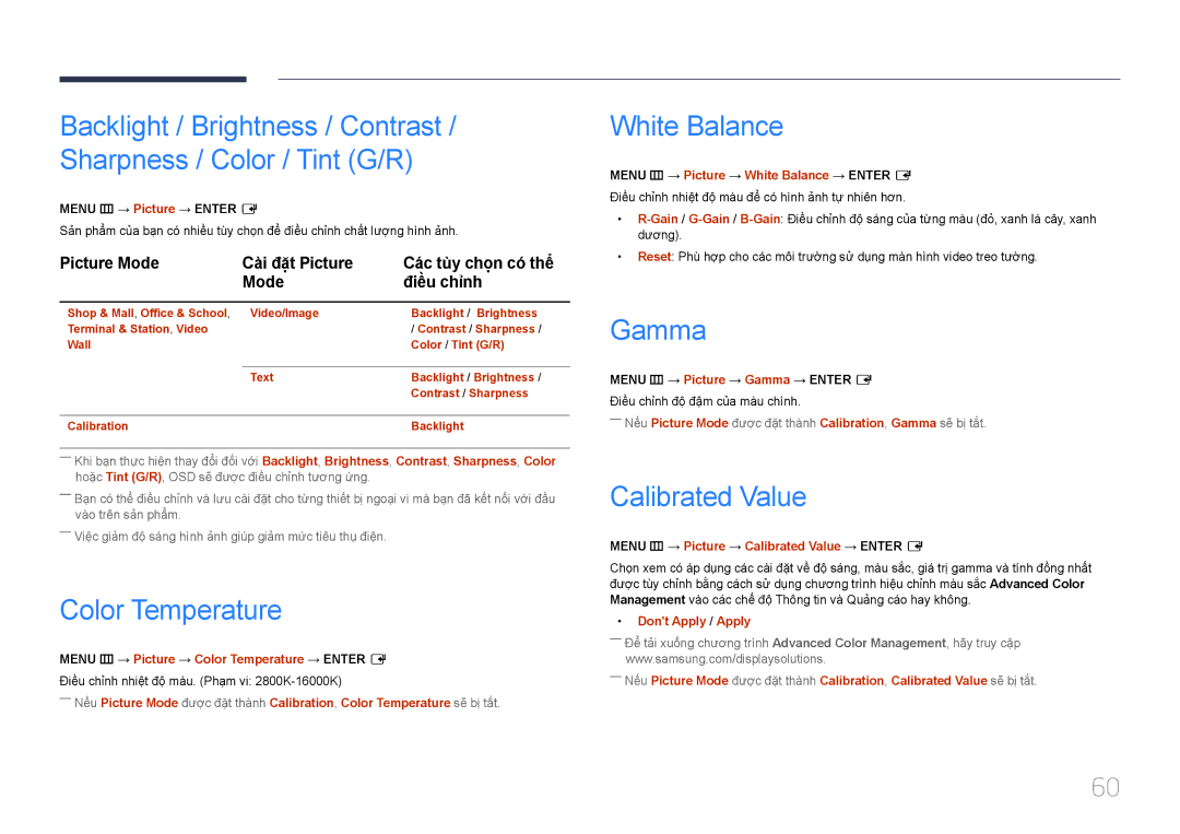 Samsung LH55UDEHLBB/XY, LH46UDEBLBB/XV, LH46UDECLBB/XY manual Color Temperature, White Balance, Gamma, Calibrated Value 