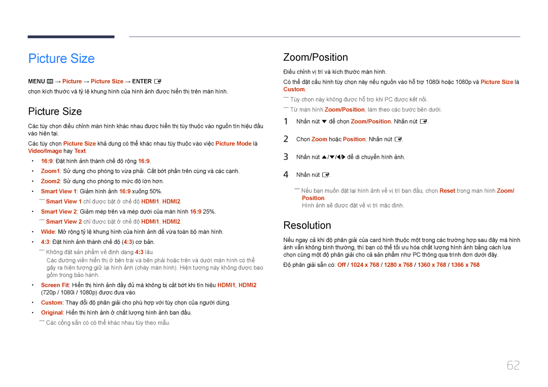 Samsung LH55UDEBLBB/XV, LH46UDEBLBB/XV manual Zoom/Position, Resolution, Menu m → Picture → Picture Size → Enter E 