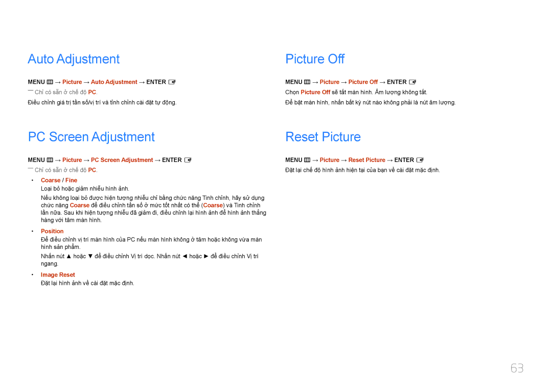 Samsung LH46UDEHLBB/XV, LH46UDEBLBB/XV, LH46UDECLBB/XY Auto Adjustment, Picture Off, PC Screen Adjustment Reset Picture 