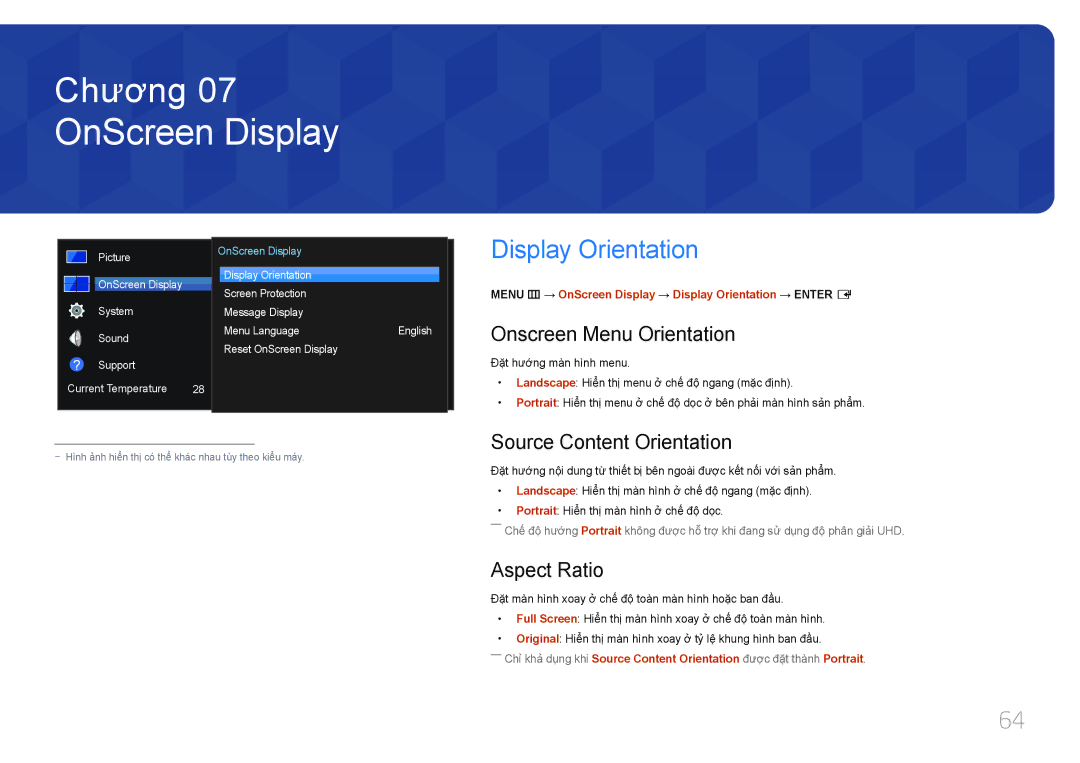 Samsung LH55UDEHLBB/XV manual OnScreen Display, Display Orientation, Onscreen Menu Orientation, Source Content Orientation 