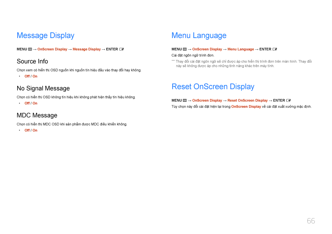 Samsung LH46UDEBLBB/XV, LH46UDECLBB/XY, LH46UDEBLBB/XL manual Message Display, Menu Language, Reset OnScreen Display 