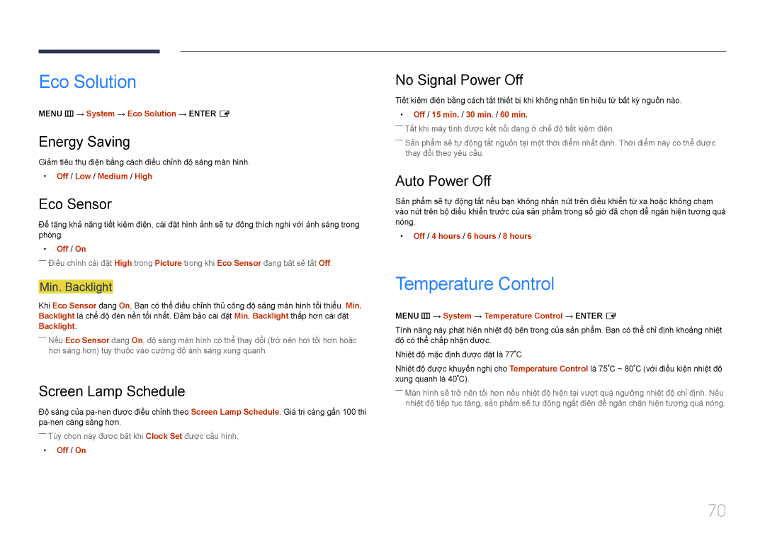 Samsung LH55UDEBLBB/XL, LH46UDEBLBB/XV, LH46UDECLBB/XY, LH46UDEBLBB/XL, LH46UDECLBB/XV manual Eco Solution, Temperature Control 