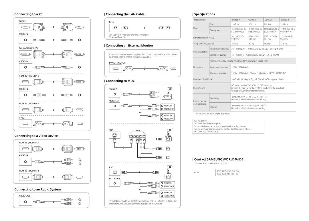 Samsung LH46UDEBLBB/XL Connecting to a PC, Connecting to a Video Device, Connecting to an Audio System, Connecting to MDC 