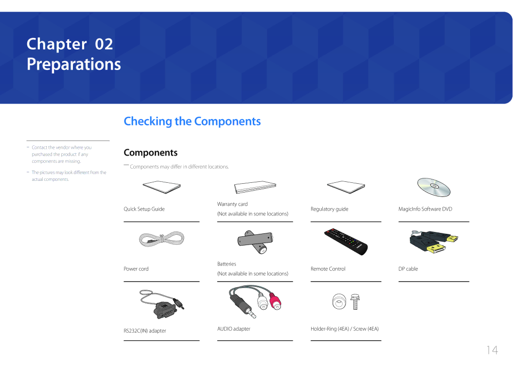 Samsung LH55UDEBLBB/XV manual Preparations, Checking the Components, Quick Setup Guide Warranty card, Regulatory guide 