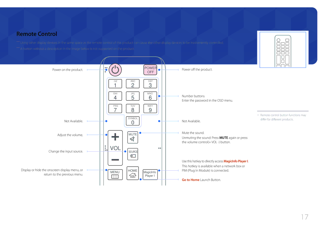 Samsung LH46UDECLBB/XY manual Remote Control, Power on the product Not Available Adjust the volume, Change the input source 