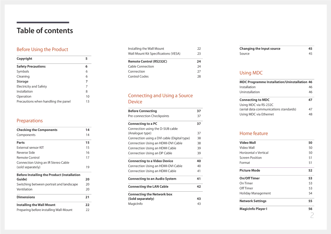 Samsung LH46UDEBLBB/XL, LH46UDEBLBB/XV, LH46UDECLBB/XY, LH46UDECLBB/XV, LH55UDEBLBB/XL, LH46UDEBLBB/XY manual Table of contents 