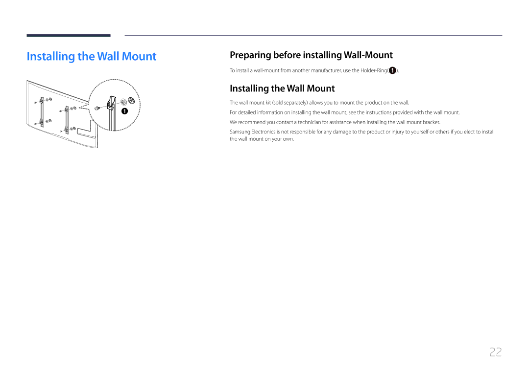 Samsung LH55UDEBLBB/XV, LH46UDEBLBB/XV, LH46UDECLBB/XY Installing the Wall Mount, Preparing before installing Wall-Mount 