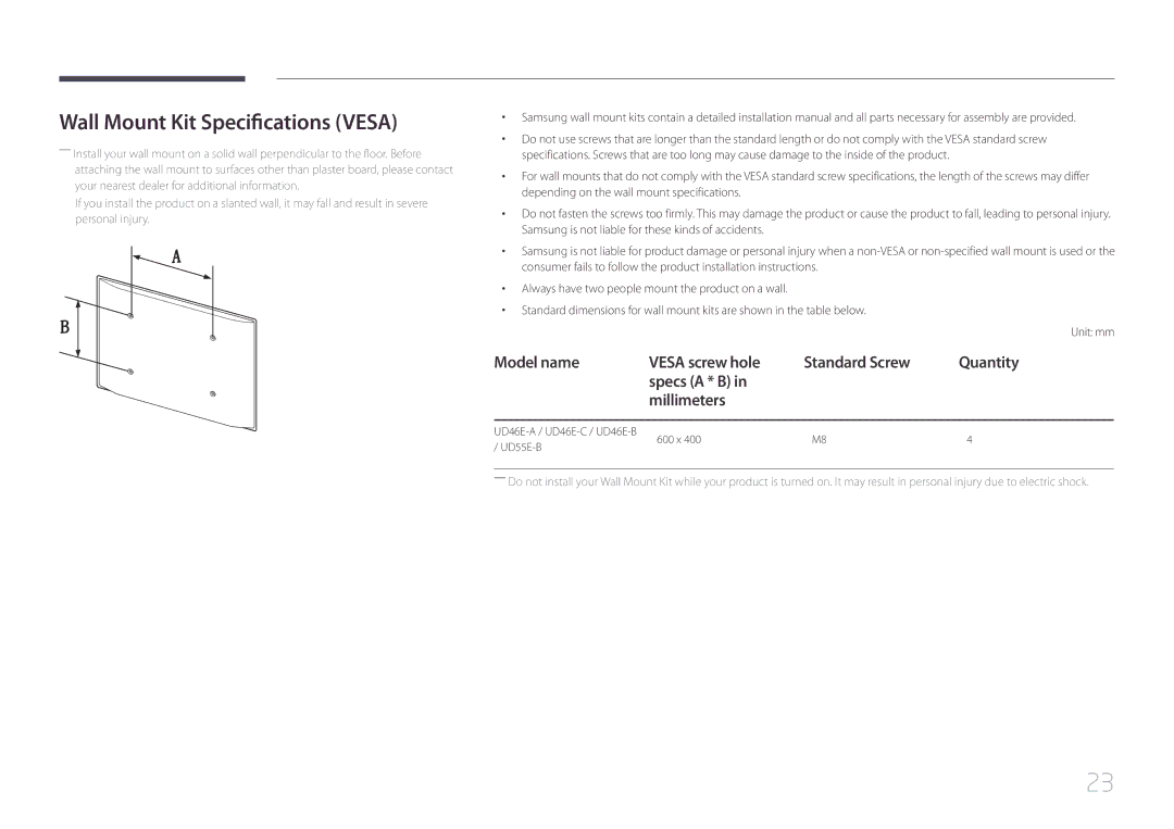 Samsung LH55UDEBLBB/XY, LH46UDEBLBB/XV, LH46UDECLBB/XY, LH46UDEBLBB/XL, LH46UDECLBB/XV Wall Mount Kit Specifications Vesa 