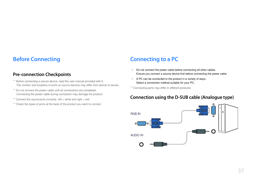 Samsung LH46UDEBLBB/XY, LH46UDEBLBB/XV manual Connecting and Using a Source Device, Before Connecting, Connecting to a PC 