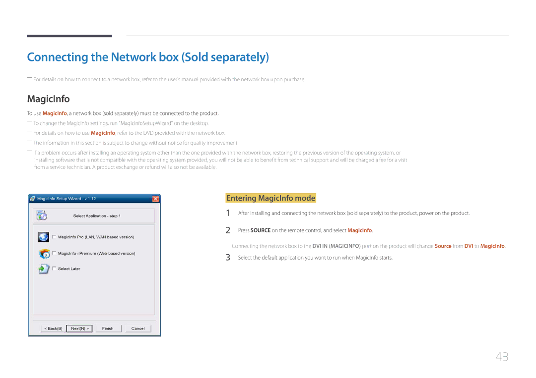 Samsung LH46UDECLBB/XV, LH46UDEBLBB/XV manual Connecting the Network box Sold separately, Entering MagicInfo mode 