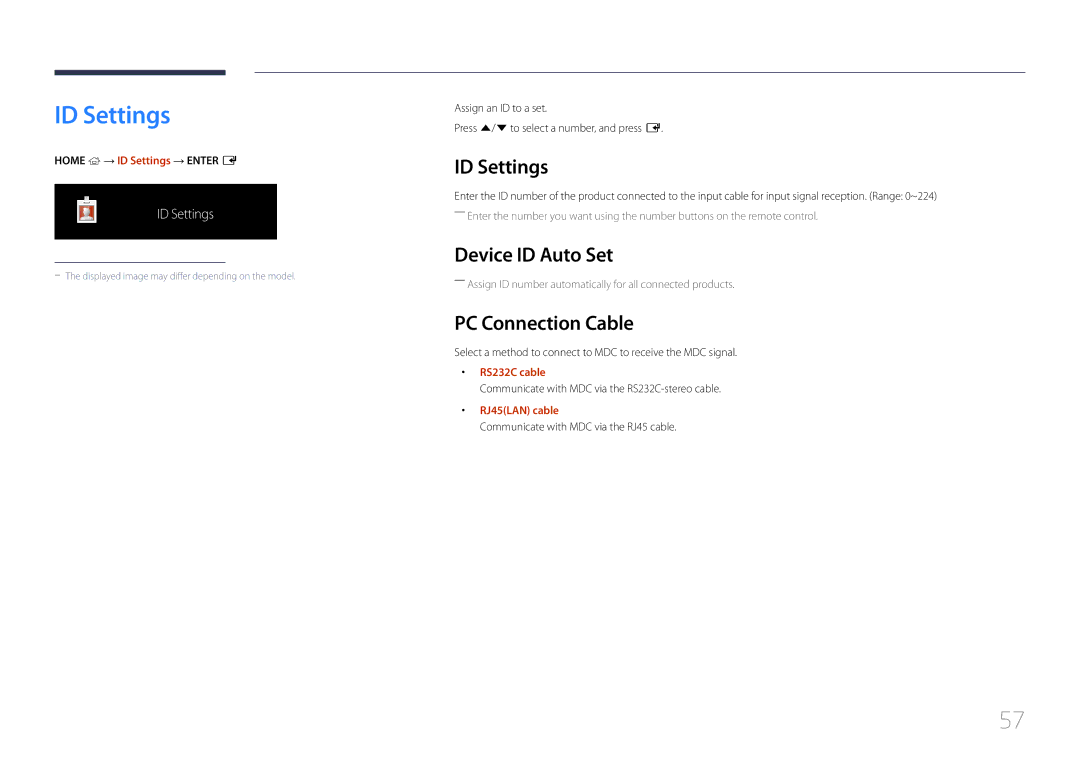 Samsung LH46UDECLBB/XY, LH46UDEBLBB/XV, LH46UDEBLBB/XL, LH46UDECLBB/XV ID Settings, Device ID Auto Set, PC Connection Cable 