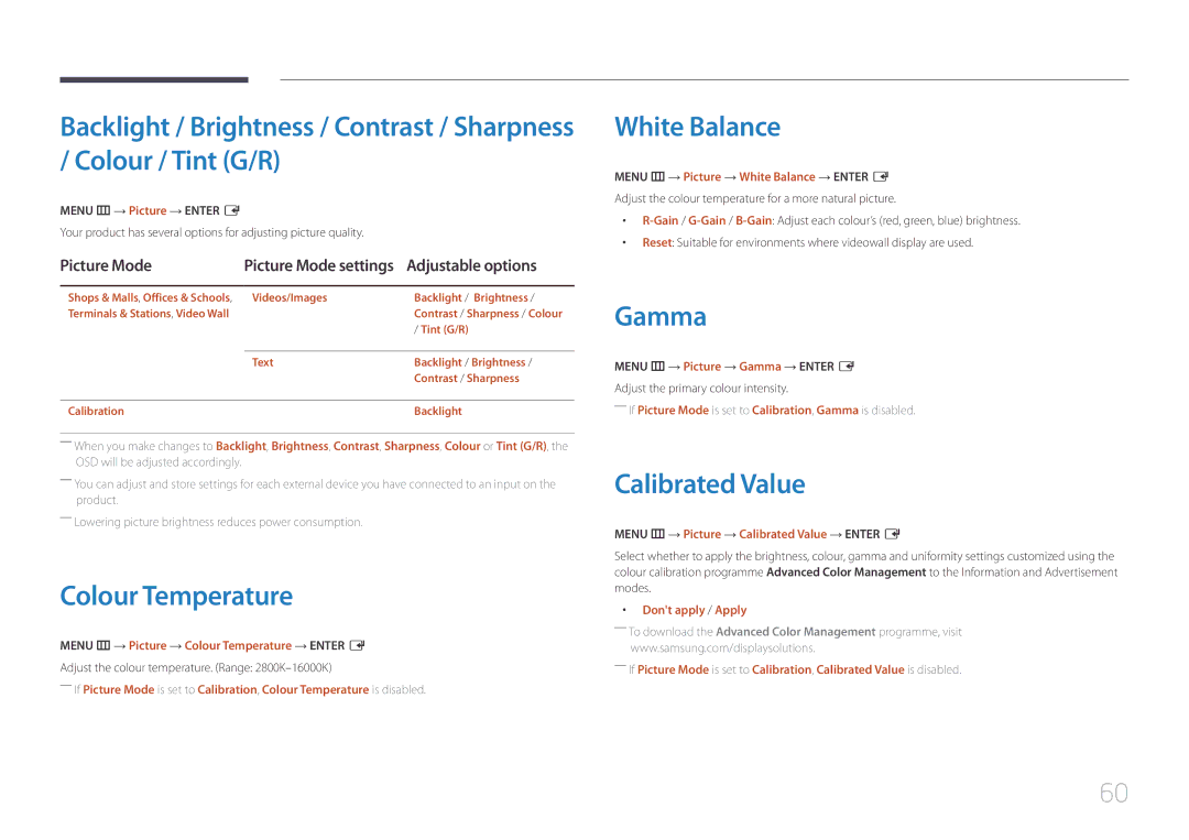 Samsung LH55UDEBLBB/XL, LH46UDEBLBB/XV, LH46UDECLBB/XY manual Colour Temperature, White Balance, Gamma, Calibrated Value 