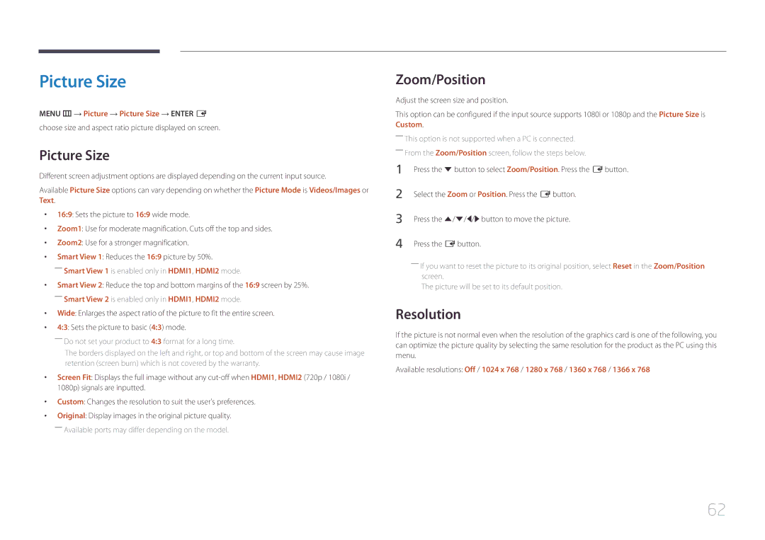 Samsung LH55UDEBLBB/XV, LH46UDEBLBB/XV manual Zoom/Position, Resolution, Menu m → Picture → Picture Size → Enter E 