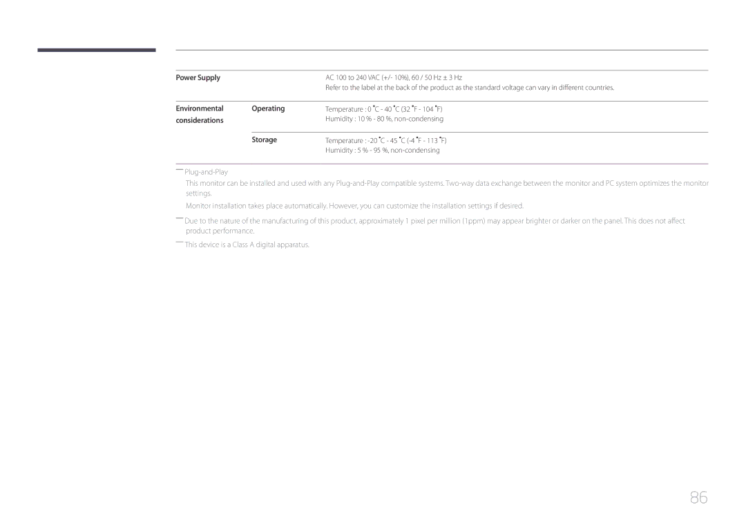 Samsung LH55UDEBLBB/XV, LH46UDEBLBB/XV, LH46UDECLBB/XY manual Power Supply, Environmental Operating, Considerations, Storage 