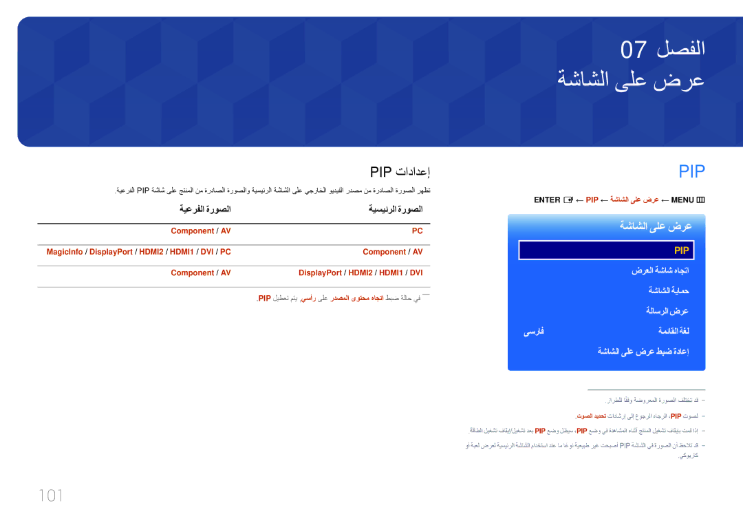 Samsung LH55UDEPLBB/NG, LH46UDEPLBB/NG manual ةشاشلا ىلع ضرع, 101, Pip تادادعإ, ةيعرفلا ةروصلا ةيسيئرلا ةروصلا 