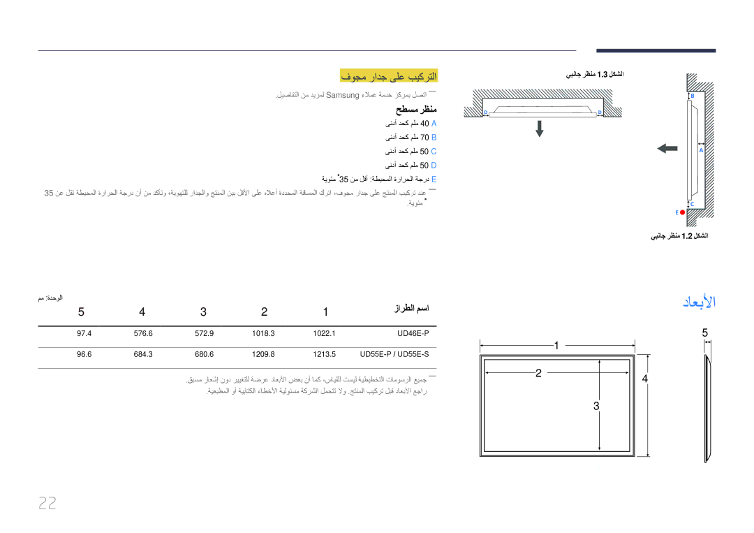 Samsung LH46UDEPLBB/NG داعبلأا, فوجم رادج ىلع بيكرتلا, حطسم رظنم, زارطلا مسا, يبناج رظنم 1.3 لكشلا يبناج رظنم 1.2 لكشلا 