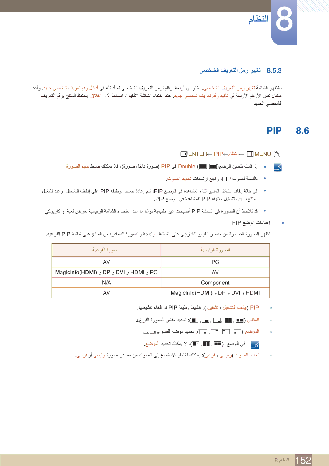 Samsung LH46MEBPLGC/HD manual Pip, يصخشلا فيرعتلا زمر رييغت, ENTER← PIP←ماظنلا← mMENU O, ةيعرفلا ةروصلا ةيسيئرلا ةروصلا 