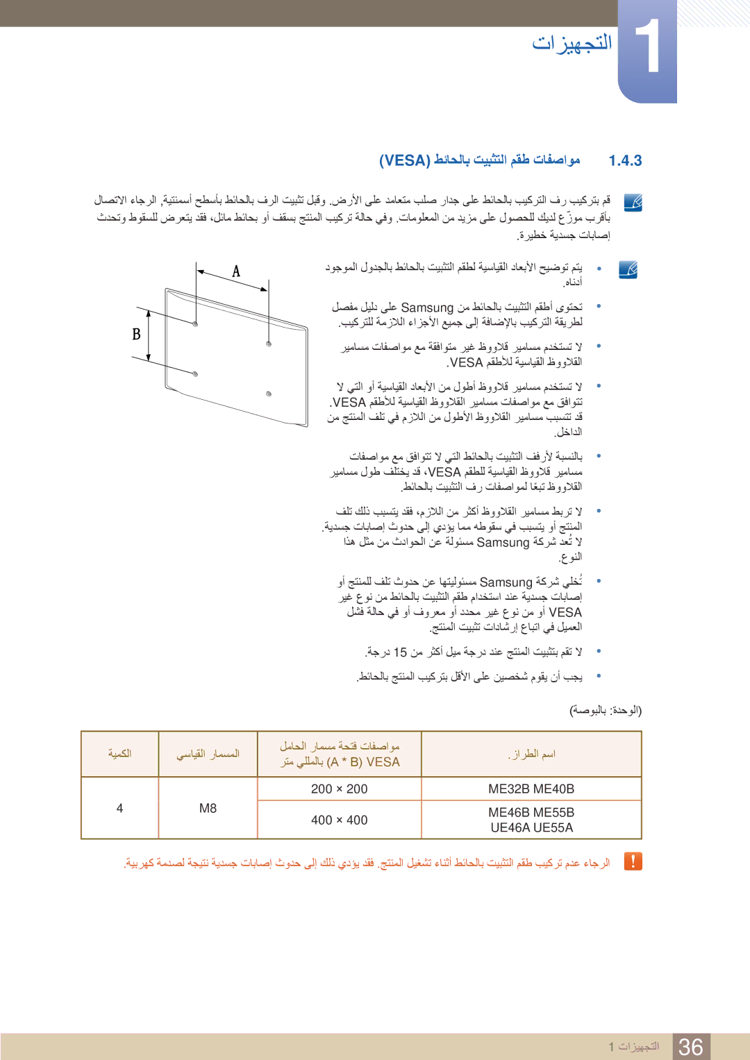 Samsung LH46MEBPLGC/NG, LH46UEAPLGC/EN manual Vesa طئاحلاب تيبثتلا مقط تافصاوم, يسايقلا رامسملا لماحلا رامسم ةحتف تافصاوم 