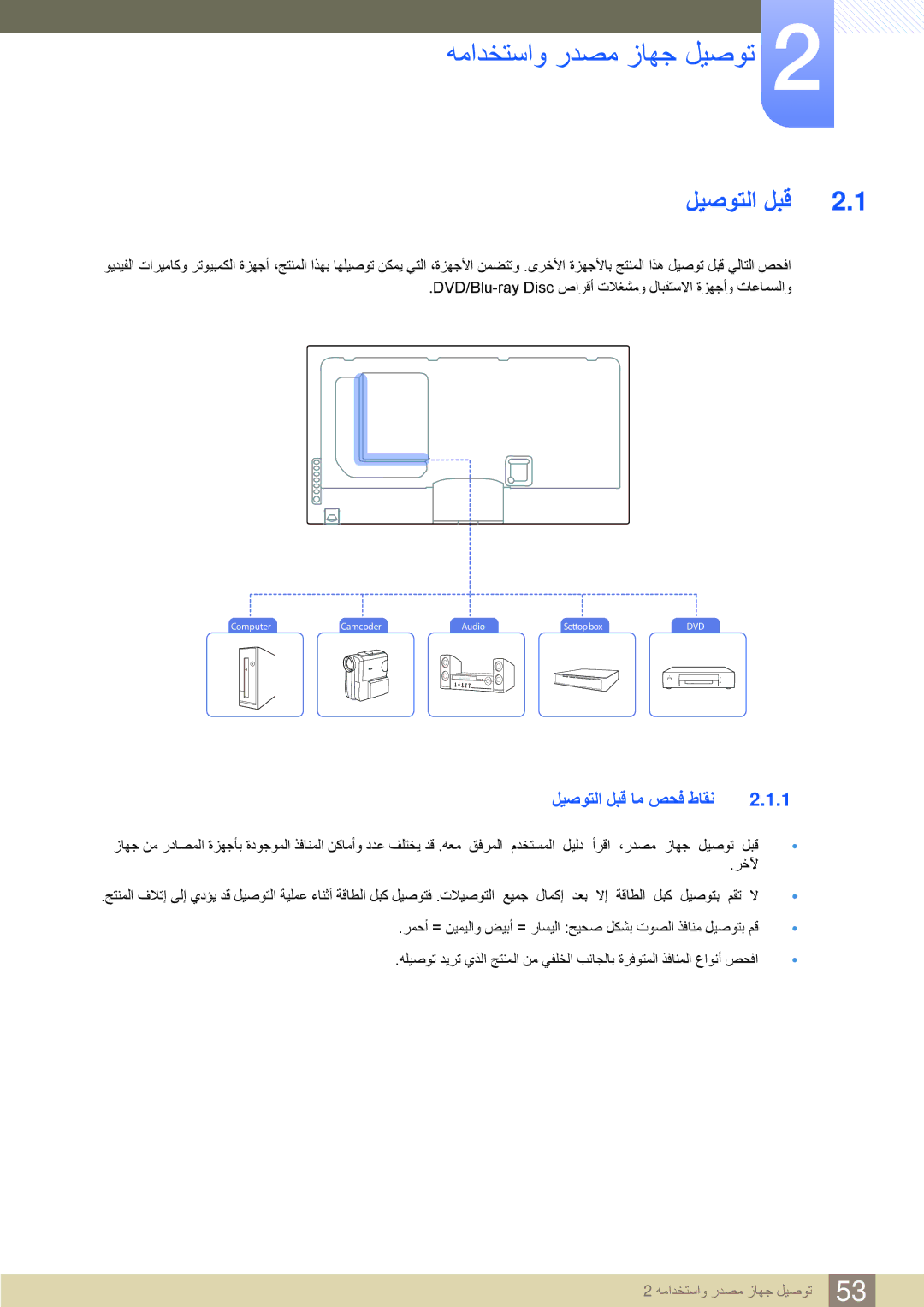 Samsung LH40MEBPLGC/NG, LH46UEAPLGC/EN, LH55UEPLGC/XY, LH46MEBPLGC/HD همادختساو ردصم زاهج ليصوت, ليصوتلا لبق ام صحف طاقن 