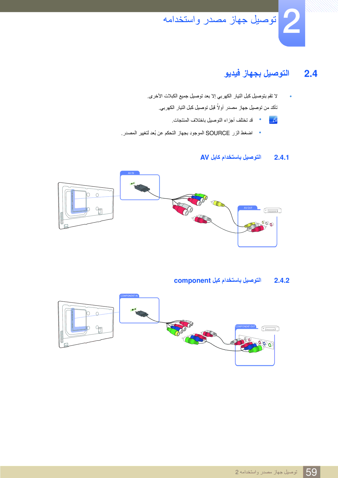 Samsung LH32MEBPLGC/NG, LH46UEAPLGC/EN manual ويديف زاهجب ليصوتلا, Av لباك مادختساب ليصوتلا, Component لبك مادختساب ليصوتلا 