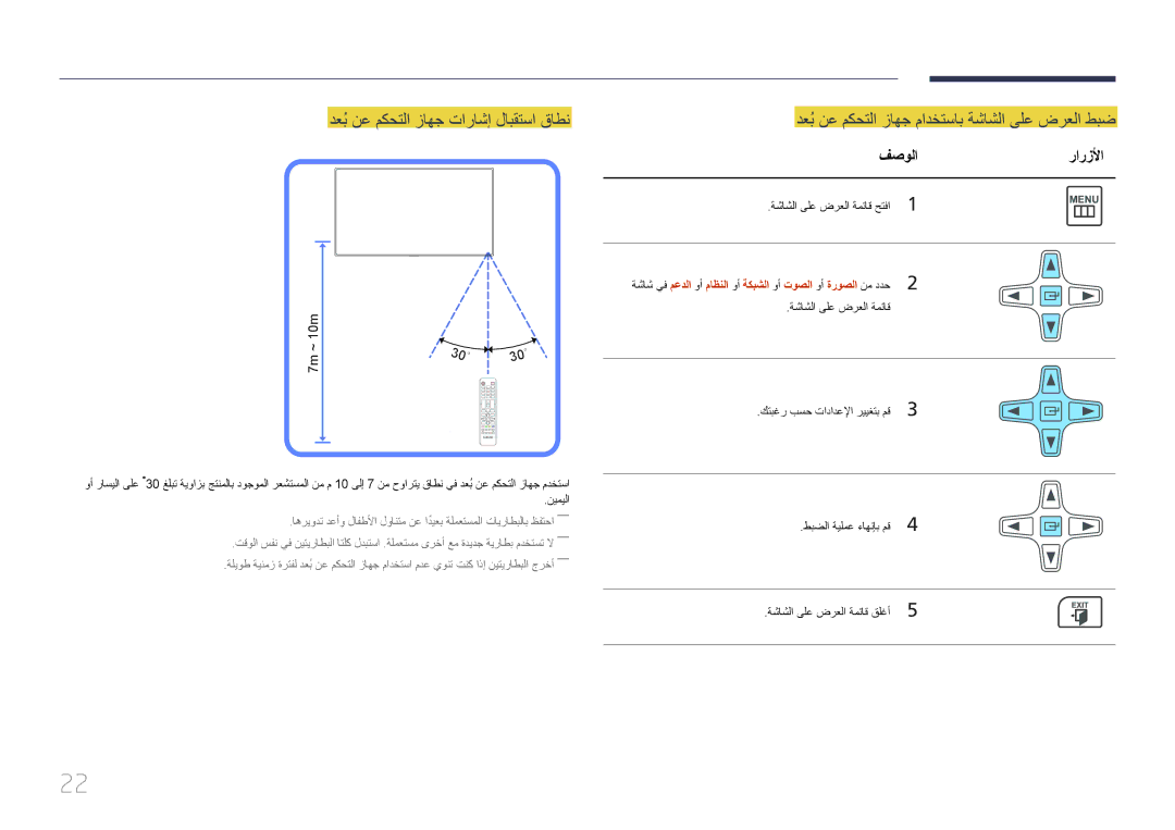 Samsung LH55UECPLGC/UE دعبُنع مكحتلا زاهج تاراشإ لابقتسا قاطن, دعبُنع مكحتلا زاهج مادختساب ةشاشلا ىلع ضرعلا طبض, فصولا 