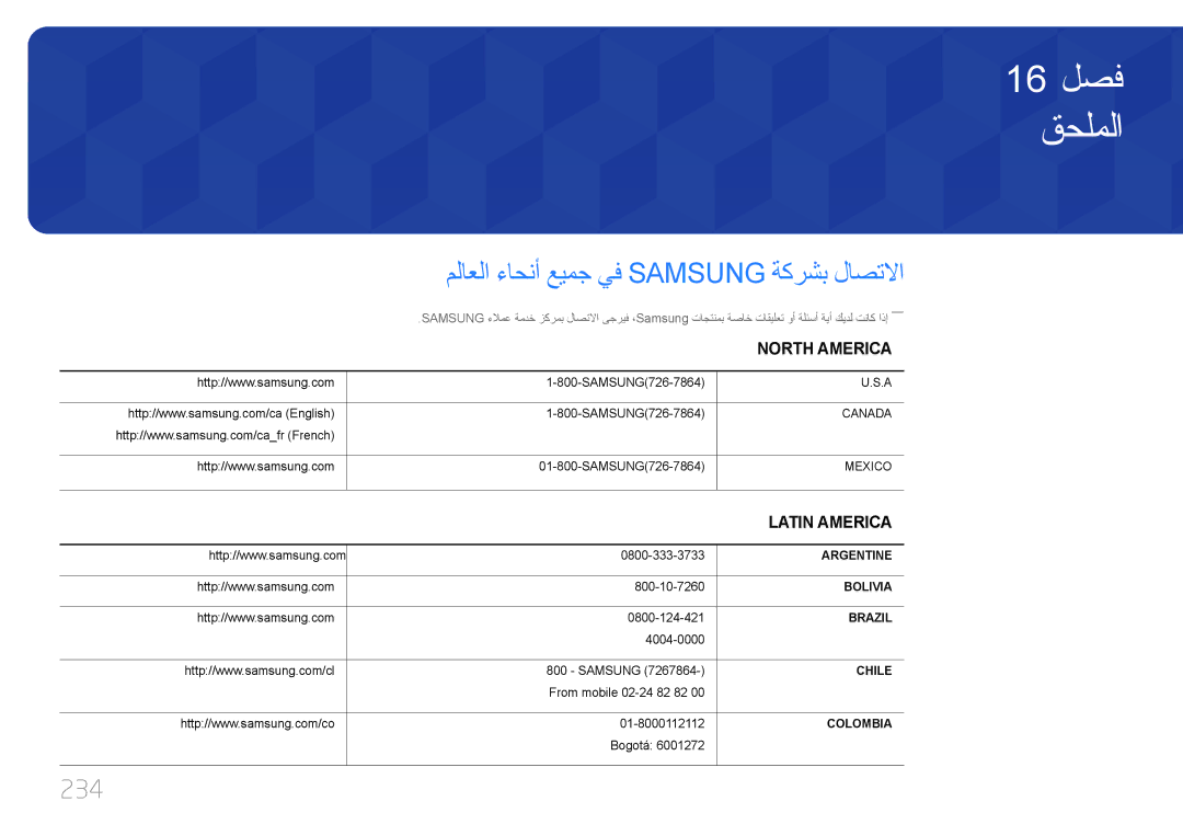 Samsung LH55UECPLGC/UE, LH46UECPLGC/NG, LH46UECPLGC/HD manual قحلملا, ملاعلا ءاحنأ عيمج يف Samsung ةكرشب لاصتلاا, 234 