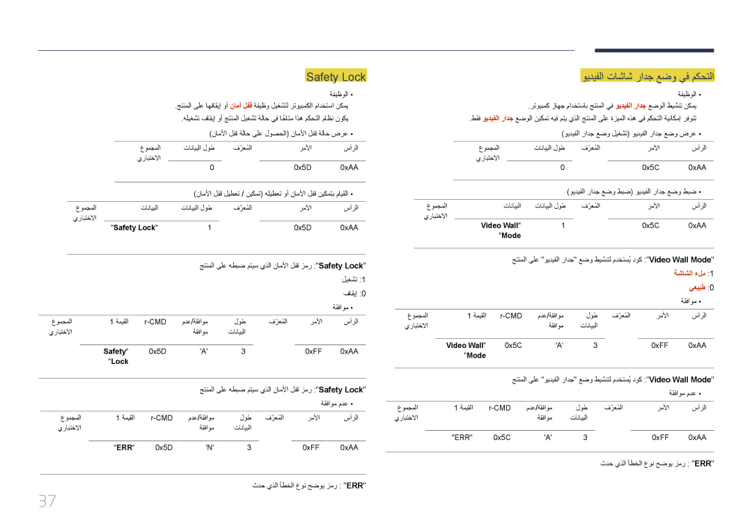 Samsung LH46UECPLGC/HD, LH46UECPLGC/NG, LH55UECPLGC/UE Safety Lock, ويديفلا تاشاش رادج عضو يف مكحتلا, ةشاشلا ءلم, يعيبط 