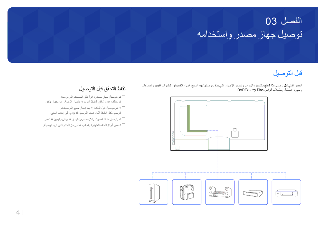 Samsung LH46UECPLGC/HD, LH46UECPLGC/NG, LH55UECPLGC/UE manual همادختساو ردصم زاهج ليصوت, ليصوتلا لبق ققحتلا طاقن 