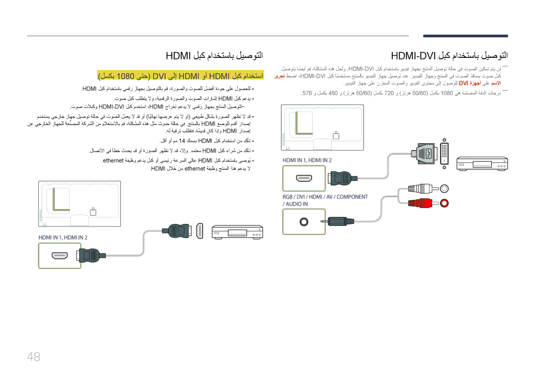 Samsung LH46UECPLGC/NG, LH46UECPLGC/HD manual Hdmi-Dvi لبك مادختساب ليصوتلا, لسكب 1080 ىتح DVI ىلإ Hdmi وأ Hdmi لبك مادختسا 