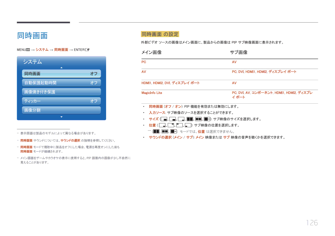 Samsung LH46UECPLGC/XJ, LH55UECPLGC/XJ manual 126, 同時画面 の設定, メイン画像 サブ画像 