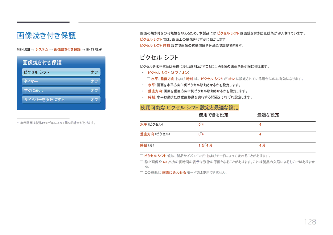 Samsung LH46UECPLGC/XJ, LH55UECPLGC/XJ manual 画像焼き付き保護, 128, 使用可能な ピクセル シフト 設定と最適な設定, 使用できる設定 