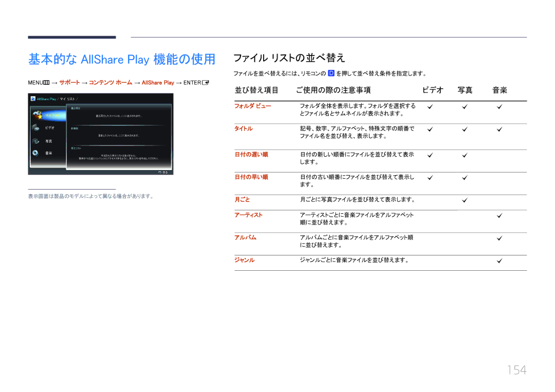 Samsung LH46UECPLGC/XJ, LH55UECPLGC/XJ manual 基本的な AllShare Play 機能の使用, 154, ファイル リストの並べ替え, 並び替え項目 ご使用の際の注意事項 ビデオ 