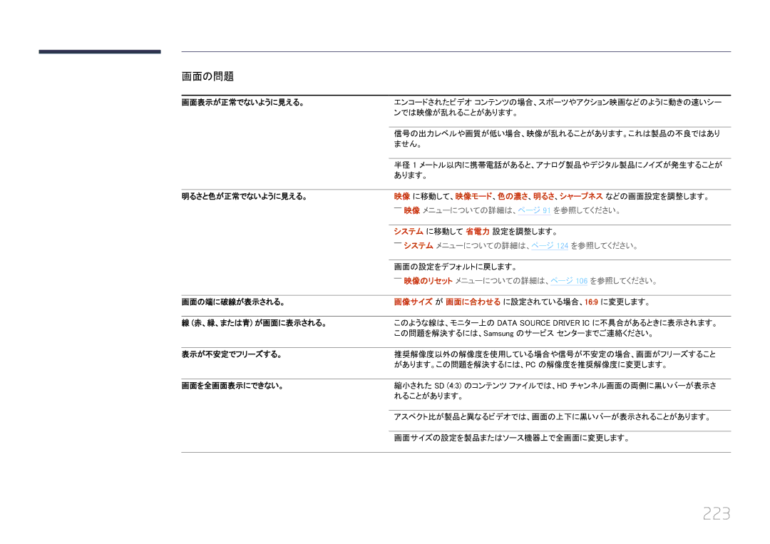 Samsung LH55UECPLGC/XJ, LH46UECPLGC/XJ 223, ――映像 メニューについての詳細は、ページ 91 を参照してください。, ――システム メニューについての詳細は、ページ 124 を参照してください。 