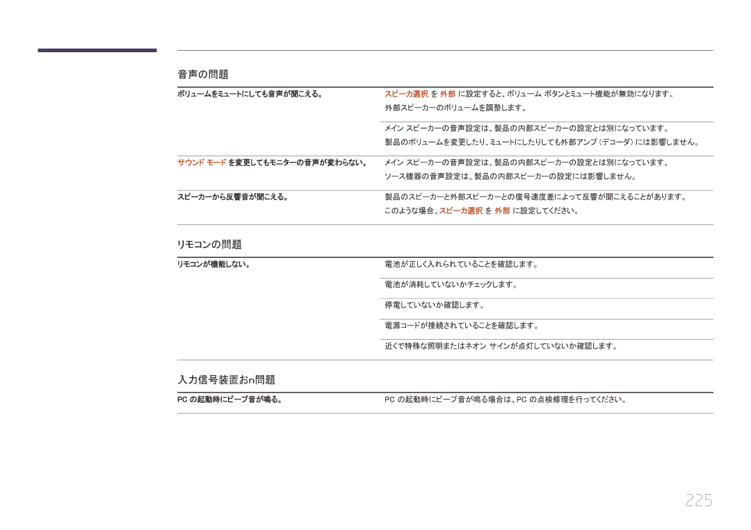 Samsung LH55UECPLGC/XJ, LH46UECPLGC/XJ manual 225, リモコンの問題, 入力信号装置おｎ問題, Pc の起動時にビープ音が鳴る。 