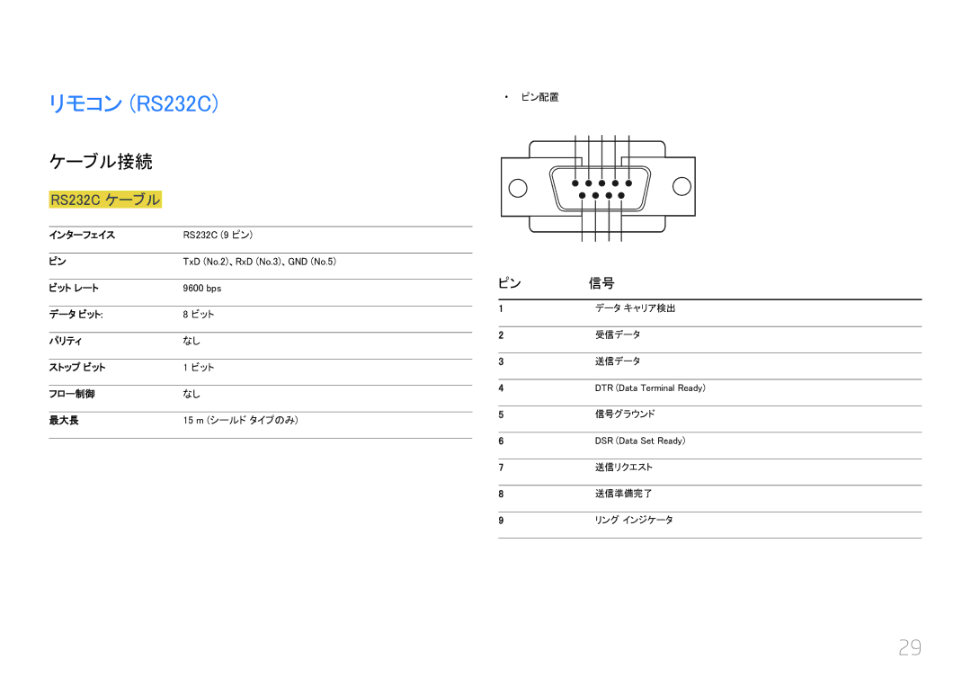 Samsung LH55UECPLGC/XJ, LH46UECPLGC/XJ manual リモコン RS232C, ケーブル接続, RS232C ケーブル, ピン 信号, インターフェイス RS232C 9 ピン 